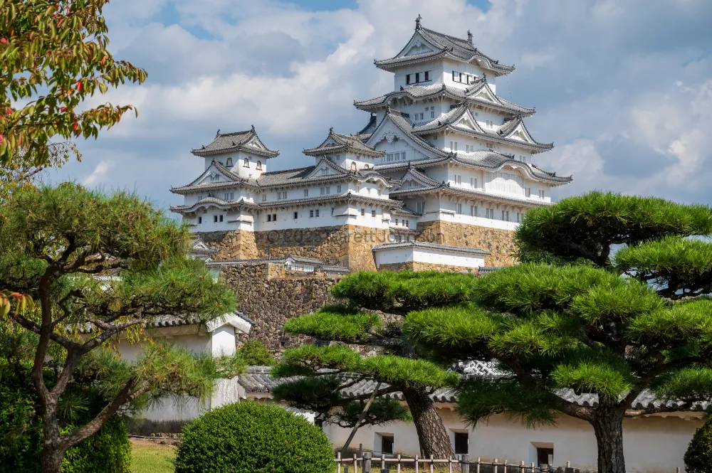 White multi-tiered Himeji Castle rises above a stone base, framed by sculpted pine trees under a partly cloudy sky.