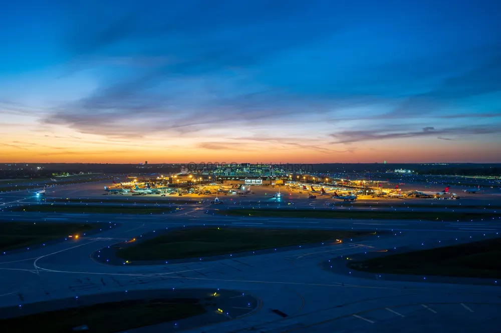 Terminal 1 at MSP Airport glows with lights and parked jets under a deep blue sky fading to orange at sunrise.